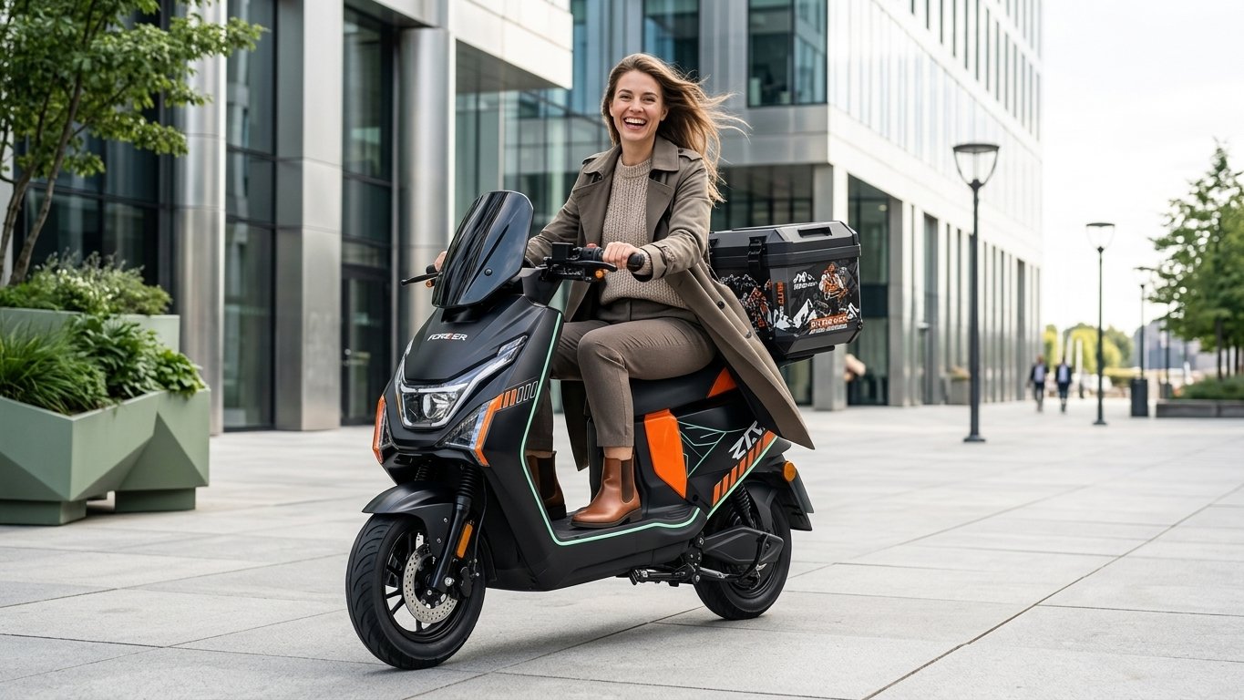 Mulher sorrindo pilotando scooter elétrico Alex Motors em ambiente corporativo